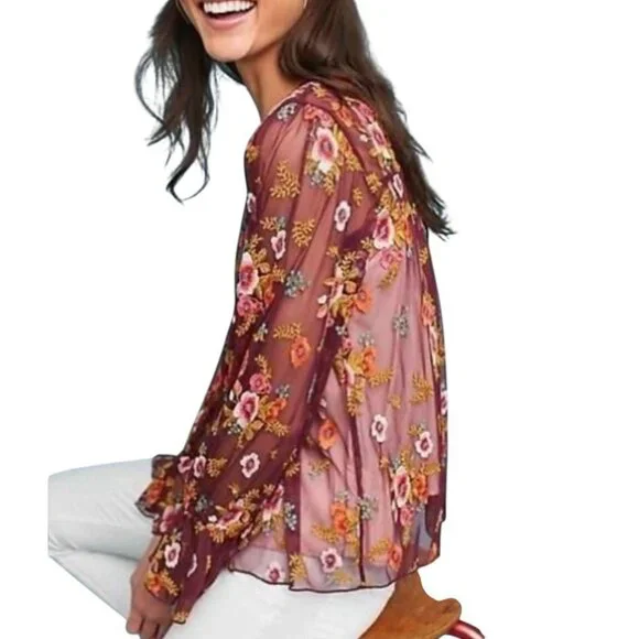 Anthropologie Feather Bone Top XS Size Ruffled Giralda Blouse Embroidery Floral - Picture 3 of 13